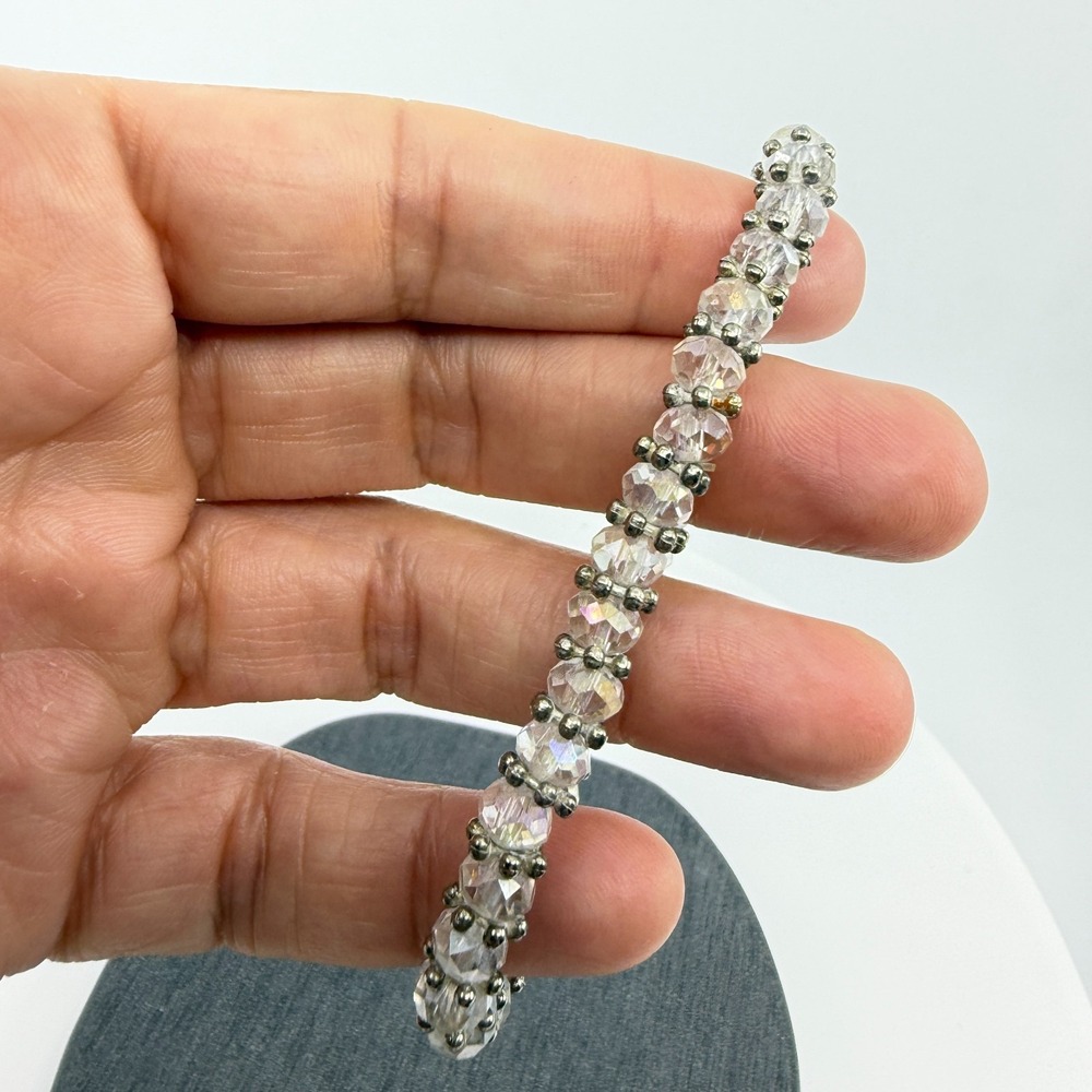 Y2K Aurora Borealis Crystal Bead Bracelet Silver-Tone Accents Stretch Stackable